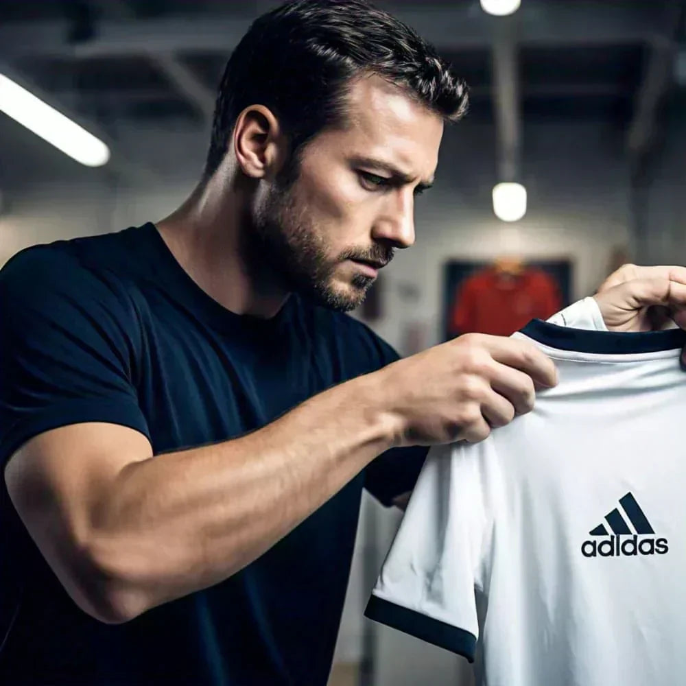 a man checking the stetching on a football shirt